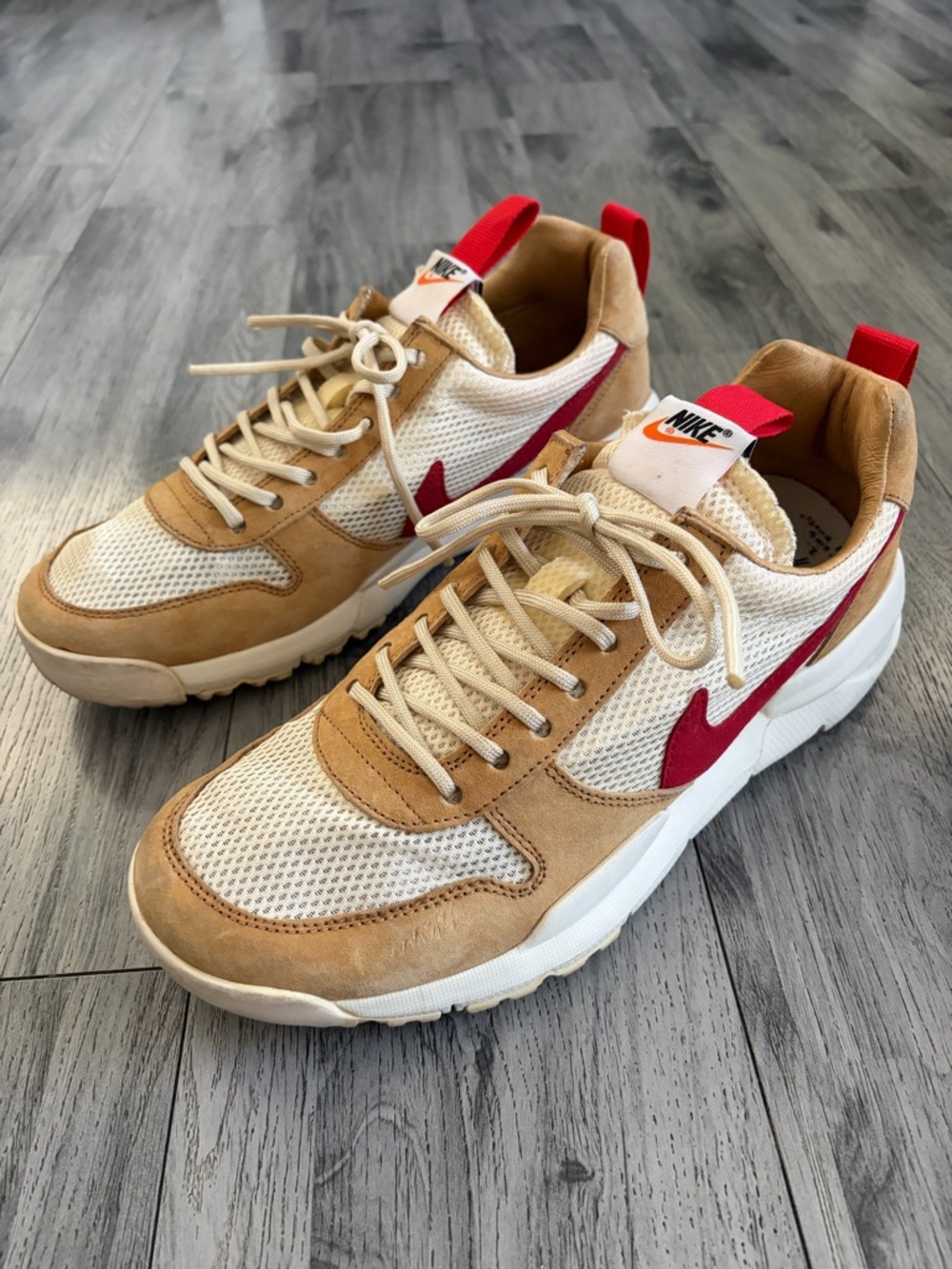 Nike Men’s Tan Suede & Cream Mesh Sneakers with Red Swoosh